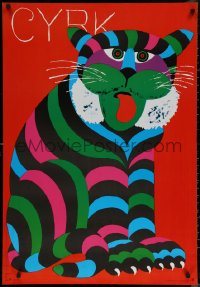 7g0628 CYRK 26x38 Polish commercial poster 1980 wild different seated large cat by Hubert Hilscher!