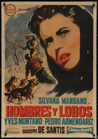 7g0186 MEN & WOLVES Spanish 1959 completely different close up art of Mangano, red title design!