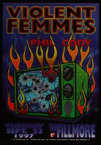 7g0549 VIOLENT FEMMES 13x19 music poster 1997 art by Chris Shaw, burning TV and flowers!