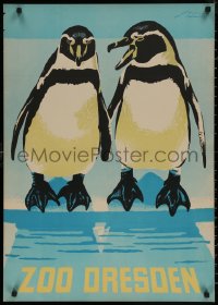 7g0795 ZOO DRESDEN 23x32 East German special poster 1972 Horst Naumann art of two penguins!