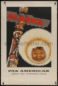 7g0407 PAN AMERICAN ALASKA 28x42 travel poster 1960 Amspoker art of totem pole & Inuit native, rare!