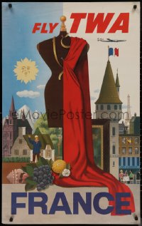 7g0408 TWA FRANCE 25x40 travel poster 1950s great montage art of famous French landmarks!