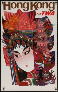 7g0409 TWA HONG KONG 25x40 travel poster 1960s David Klein montage art of pretty Asian woman!