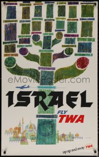 7g0411 TWA ISRAEL 25x40 travel poster 1960s cool art of Menorah & Jerusalem by David Klein!