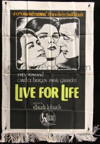 7h0216 LIVE FOR LIFE 24x34 silk banner 1968 Yves Montand, Candice Bergen, Annie Girardot, Lelouch