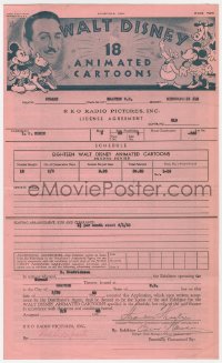 7h0187 WALT DISNEY license agreement 1940 Mickey & Donald cartoon art, for 18 animated cartoons!