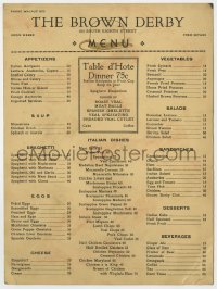 7h0046 BROWN DERBY signed 8x11 restaurant menu 1930s by Belle Baker with long inscription!