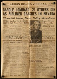 7h0271 CAROLE LOMBARD newspaper 1942 front page headline on the day she died in a plane crash!