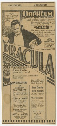 7h0065 DRACULA 4x9 newspaper ad 1931 great art of vampire Bela Lugosi over the title!