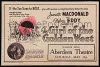 7h0087 GIRL OF THE GOLDEN WEST 6x9 promo card 1938 if the sun turns gold, you receive a free ticket!