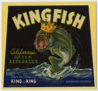 7h0281 KINGFISH 10x11 crate label 1940s California green asparagus, art of bass wearing crown!