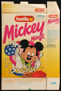 7h0125 MICKEY MOUSE Mickey Muesli cereal box 1988 great art of the Disney cartoon eating breakfast!