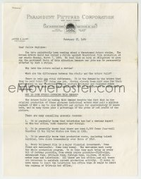 7h0227 PARAMOUNT letter 1960 explaining about the threatened actors strike!