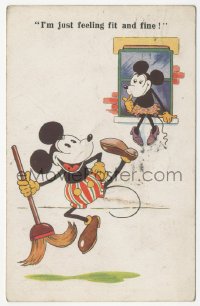 7h0441 MICKEY MOUSE English postcard 1930 he's sweeping & jumping as Minnie watches from window!