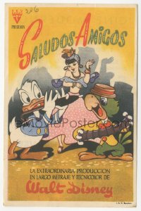 7h0655 SALUDOS AMIGOS Spanish herald 1944 Disney, different cartoon art of Donald Duck & Joe Carioca!
