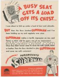 7h0826 SUPERMAN trade ad 1941 cartoon art of the DC superhero, busy seat gets a load off its chest!