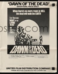 7h1213 DAWN OF THE DEAD press sheet 1979 George Romero, there's no more room in HELL for the dead!