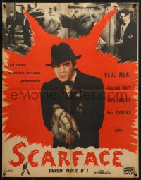 7h0595 SCARFACE French pressbook R1940s Howard Hawks, Paul Muni with gun, unfolds to 19x24 poster!