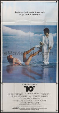 7j0524 '10' 3sh 1979 Blake Edwards, Dudley Moore & sexy Bo Derek, great Jaws parody tagline!