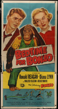 7j0548 BEDTIME FOR BONZO 3sh 1951 chimpanzee between Ronald Reagan & Diana Lynn, ultra rare!