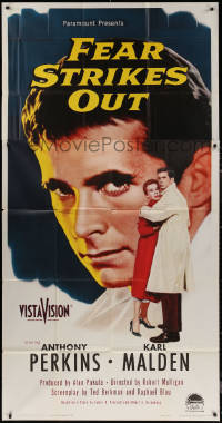 7j0597 FEAR STRIKES OUT 3sh 1957 huge portrait of Anthony Perkins as baseball player Jim Piersall!