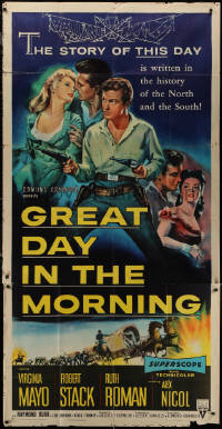 7j0621 GREAT DAY IN THE MORNING 3sh 1956 art of Robert Stack with two guns & sexy Virginia Mayo!