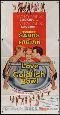 7j0663 LOVE IN A GOLDFISH BOWL 3sh 1961 great art of Tommy Sands & Fabian kissing pretty girl!