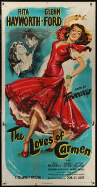 7j0666 LOVES OF CARMEN 3sh 1948 full-length art of sexy Rita Hayworth, Glenn Ford, ultra rare!