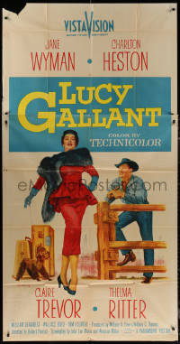 7j0667 LUCY GALLANT 3sh 1955 great full-length art of Jane Wyman & Charlton Heston in Texas!