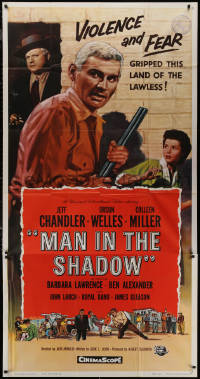 7j0671 MAN IN THE SHADOW 3sh 1958 Jeff Chandler, Orson Welles & Colleen Miller in a lawless land!