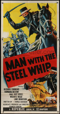 7j0674 MAN WITH THE STEEL WHIP 3sh 1954 serial, cool art of masked hero on horse lashing his whip!