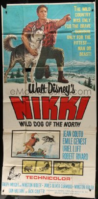 7j0694 NIKKI 3sh 1961 Walt Disney, James Oliver Curwood, cool art of man & his dog!