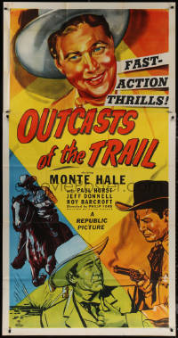 7j0705 OUTCASTS OF THE TRAIL 3sh 1949 art of cowboy Monte Hale with smoking gun, fast-action thrills!
