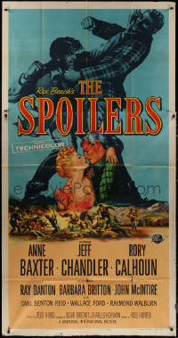 7j0741 SPOILERS 3sh 1956 Anne Baxter, Jeff Chandler, Rory Calhoun, art of men brawling in Alaska!