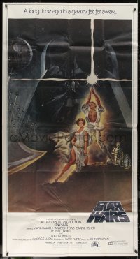7j0746 STAR WARS 41x77 3sh 1977 George Lucas classic sci-fi epic, great montage art by Tom Jung!