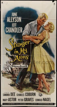 7j0749 STRANGER IN MY ARMS 3sh 1959 art of Jeff Chandler holding pretty June Allyson!