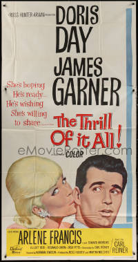 7j0767 THRILL OF IT ALL 3sh 1963 wonderful artwork of pretty Doris Day kissing James Garner!