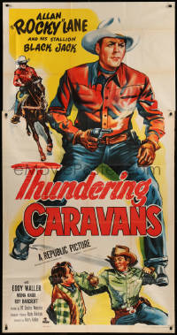 7j0770 THUNDERING CARAVANS 3sh 1952 great artwork of cowboy Rocky Lane w/smoking gun & Black Jack!