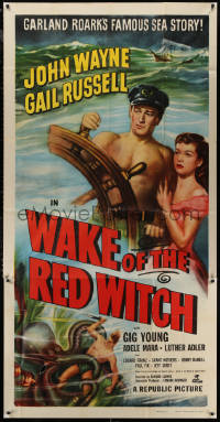 7j0784 WAKE OF THE RED WITCH 3sh R1952 art of barechested John Wayne & Gail Russell at sea!