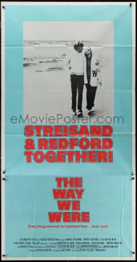 7j0786 WAY WE WERE 3sh 1973 Barbra Streisand & Robert Redford walk on the beach, Sydney Pollack!