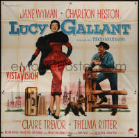 7j0099 LUCY GALLANT 6sh 1955 full-length image of sexy Jane Wyman walking dog, plus Charlton Heston!