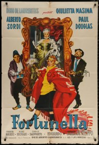 7j0201 FORTUNELLA Argentinean 1958 art of Giulietta Masina & cast, Fellini, fantasy comedy!