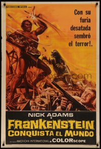 7j0202 FRANKENSTEIN CONQUERS THE WORLD Argentinean 1966 Toho, cool art of monsters destroying city!