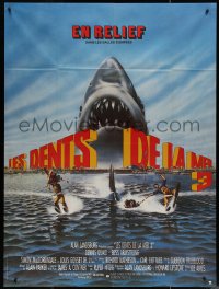 7j1358 JAWS 3-D French 1p 1982 great Gary Meyer shark artwork, the third dimension is terror!