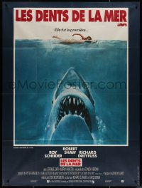 7j1356 JAWS French 1p 1975 art of Steven Spielberg's classic man-eating shark attacking sexy swimmer!