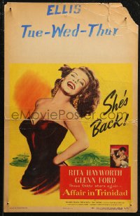 7j0977 AFFAIR IN TRINIDAD WC 1952 best art of sexiest Rita Hayworth laughing in low-cut dress!