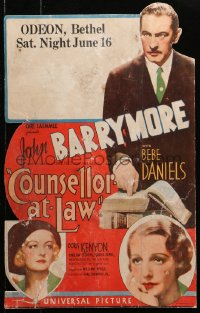 7j1006 COUNSELLOR AT LAW die-cut WC 1933 William Wyler, John Barrymore, Bebe Daniels, ultra rare!