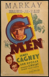 7j1036 G-MEN WC 1935 cool art of federal agent James Cagney + Ann Dvorak & Margaret Lindsay, rare!