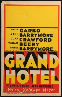 7j1040 GRAND HOTEL Tooker Litho WC 1932 Garbo, Barrymores, Crawford, cool deco design, ultra rare!