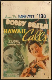 7j1044 HAWAII CALLS WC 1938 art of Ned Sparks & young Bobby Breen playing ukulele & singing, rare!